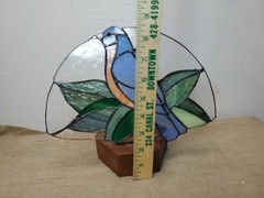 Vintage Blue Bird Stained Glass Suncatcher 7″ × 11″ Window Decor Or Table Top