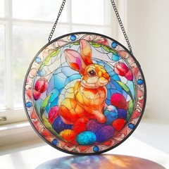 Stained Glass Suncatcher Easter Bunny and Eggs DoubleSided Decor 7.8″x7.8″