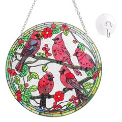 Stained Glass Window Hanging – Red Cardinal Birds Suncatcher