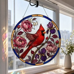 Bird Suncatcher Red Cardinal and Blue Carnation Glass Window Hanging