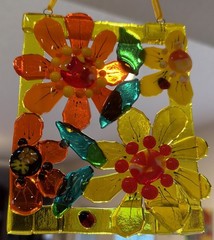 Fused Glass Handmade Rectangular Multicolor Sun Catcher Signed By Artist
