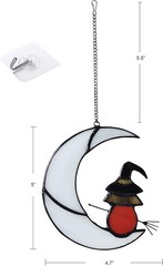 Moon Witch Stained Glass Window Hanging – Halloween Decor