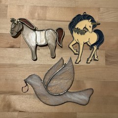 3 Stained glass Sun Catcher Window Pc horse Dove Bird Vintage Plastic Unicorn