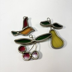 VTG Stained Leaded Glass Suncatcher Hanging Pear Cherry Bird Set Of 3