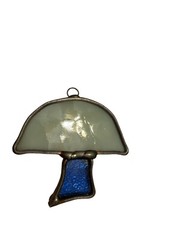 Vintage Stained Glass Mushroom Sun Catcher Ornament 2”x2.5” Blue White Lead Read