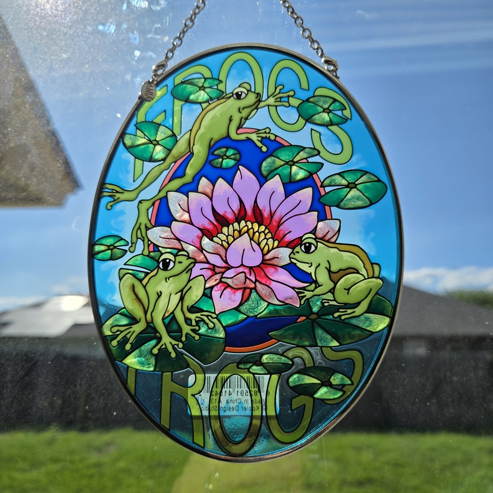 AMIA Hand Painted Window Glass Suncatcher Hanging Frogs Flowers Oval Vintage