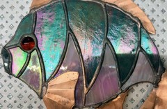Vintage Stained Glass Rainbow Fish Suncatcher Dichroic Green/Pink w/Copper Fins