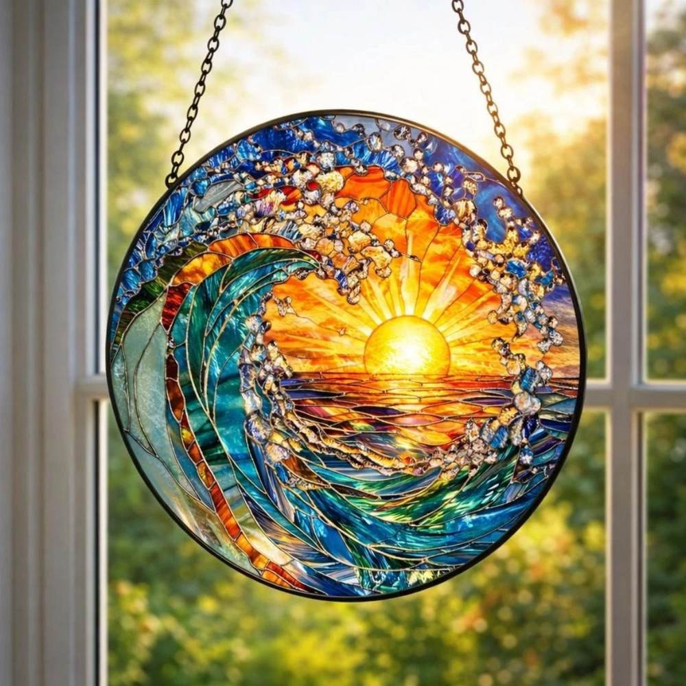Handmade Ocean Wave Glass Suncatcher Coastal Beach Window Decor Gift