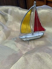 Vintage Estate Handmade Stained Leaded Glass Suncatcher Sailboat Ship Nautical