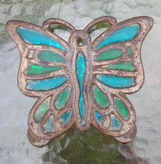 Butterfly Suncatcher Decor Metal & Glass Blue Green Brown Hot Pan Holder