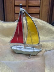 Vintage Estate Handmade Stained Leaded Glass Suncatcher Sailboat Ship Nautical