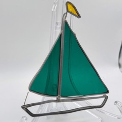 Vtg Lead & Stained Glass Sailboat Window Ornament Sun Catcher Nautical Beach