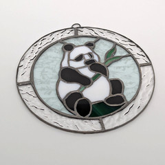 Sun Catcher Panda Bear Eating Bamboo Leaded Stained Glass 7″ Handmade