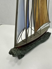 Vintage Stained Glass Boat 3D On Faux Driftwood Stand Sailboat Ship Decor