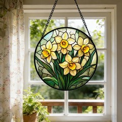 “Stained Glass Daffodil Sun Catcher Panel for Home Decor and Gifts”