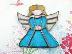 Stained Glass Angel Flat Hanging Suncatcher Ornament Vintage 1980s Aqua Blue