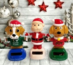 3 Solar Powered Dancing Figures Santa Claus Dog Puppy Christmas Bobble Head Paws