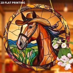 Cowboy Hat Horse Prairie Scene Round Acrylic Suncatcher Western Window Decor