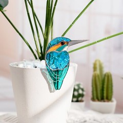 Kingfisher Stained Glass Bird Planter Stake Gift for Her Plant Decor Art