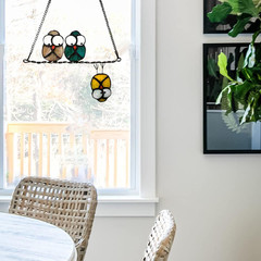 Multicolor Owls on a Wire High Stained Glass Suncatcher Panel, Bird Suncatcher f