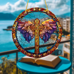 Large Wings of Faith Acrylic Suncatcher, Cross & Angel Wings, Stained Glass Look