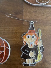 Lot Of 5 Vintage Halloween Stained Glass Sun Catcher Witch Pumpkin Ghost Owl JOL