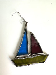 Vintage Stained Glass SunCatcher Window Lead Metal Blue Red Sail Boat Nautical