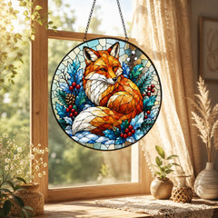 Winter Fox Stained Glass Suncatcher, Holly Berries Woodland Fox Window Hanging