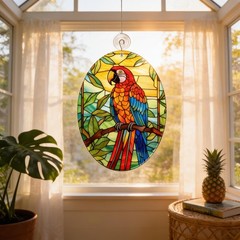 Colorful Parrot Glass Suncatcher, Tropical Bird Window Decor