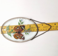 Vintage Lyford Reverse Painted Oval Beveled Glass Butterfly Flowers Suncatcher