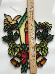 2 Vtg Plastic Stained Glass Christmas Suncatcher Lantern & Dove ~Mouse & Candle