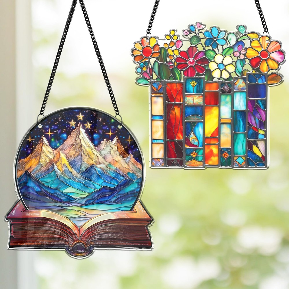 2 Floral Book Shelf Suncatchers 6″ Window Hanging Acrylic Ornaments Back to S…