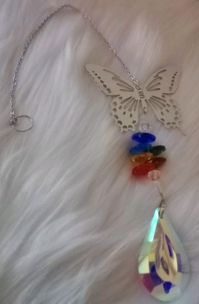 Silver Butterfly Iridescent Crystal Prism Colorful Sun Catcher Window Hanging