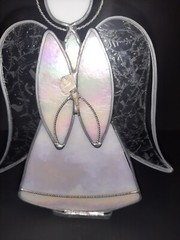 Stained Glass Etched Angel Free Standing Iridescent Metal Holding Flower 8” VTG
