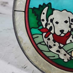 Puppy Dog Stained Glass Suncatcher Dalmatian Puppies Fire Hydrant 6″ Round