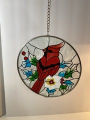 Stained Glass Red Cardinal Suncatcher Window Decor 6” Round
