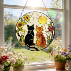Stained Glass Window Hanging, 7.8″ Charming Cat Couple Garden Suncatcher, Sun Ca