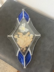 Vtg Stained Glass Suncatcher Cobalt Blue Dried Floral Butterfly 12×7 Etched RARE
