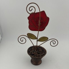 3 Vtg Photo Frame-SunCatcher Red Rose-Green Leaves-Metal Brown Flower Pot-6″