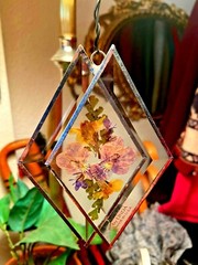 Double Diamond Glass Light catcher by Linda Hangs & dried flowers in purple yell