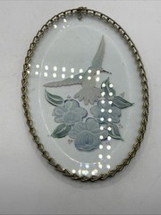Hummingbird suncatcher oval metal rim nature flowers hanging garden Handpainted
