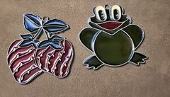 Vintage Stained Glass Suncatcher Ornament Green Frog And Strawberry