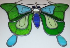 Stained Glass Suncatcher Butterfly Brilliant Blues & Greens Hand Crafted 13″x14″
