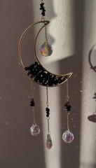 Crescent Moon Black Crystal Gemstone Suncatcher Mobile Bohemian Decor