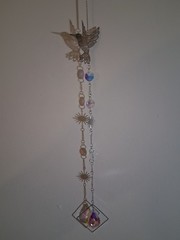 Handmade Metal & Glass Crystal Suncatcher w/ Hummingbird Charm Silver Multicolor