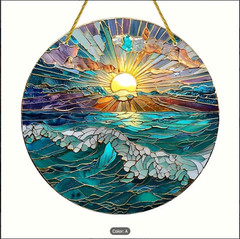 2D Ocean Beach Lake Sunset Stained Glass Look Suncatcher Ornament – 3″