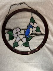 Vintage Blue Bird And Flowers Glass Suncatcher 13 Inches In Diameter Stunning!
