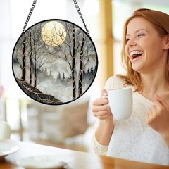 Stained Glass Window Hanging – Black and White Gold Moon 7.8×7.8 IN Black Gold
