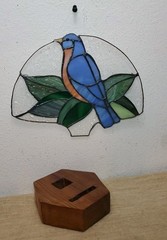 Vintage Blue Bird Stained Glass Suncatcher 7″ × 11″ Window Decor Or Table Top