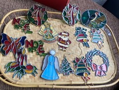 15 VTG Stained Glass Acrylic Suncatcher Butterfly Angels Santa Noel Bells Wreath